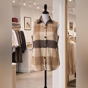 Neutral Plaid Sleeveless Button-Up Vest Shacket | Beige Brown Check | Size S